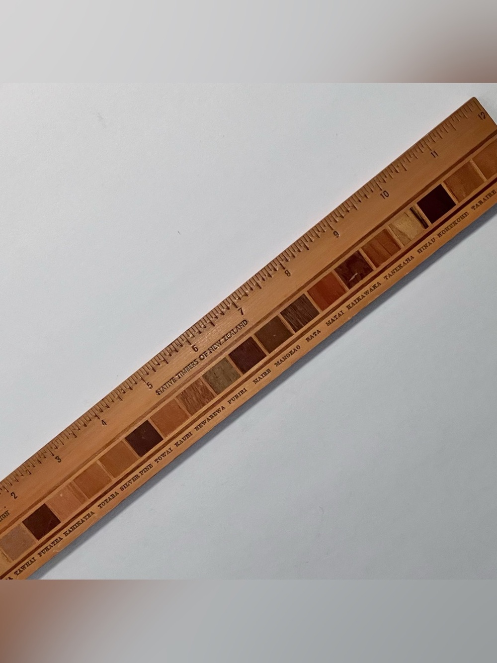 Vintage WOOD RULER Inlaid With 21 NEW ZEALAND Rare Wood Samples / Slight Damage